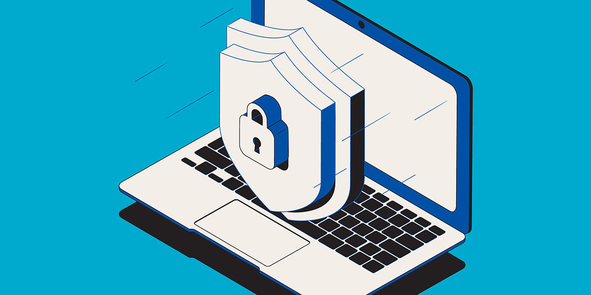Lock and shield icon hovering laptop symbolizes dual control